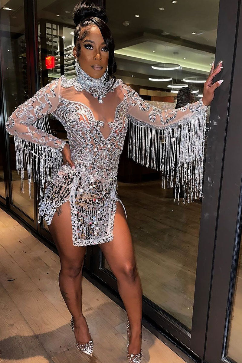 H5574 - High Neck Long Sleeves Beaded Cut Outs Tulle Sheath Mini Homecoming Dress