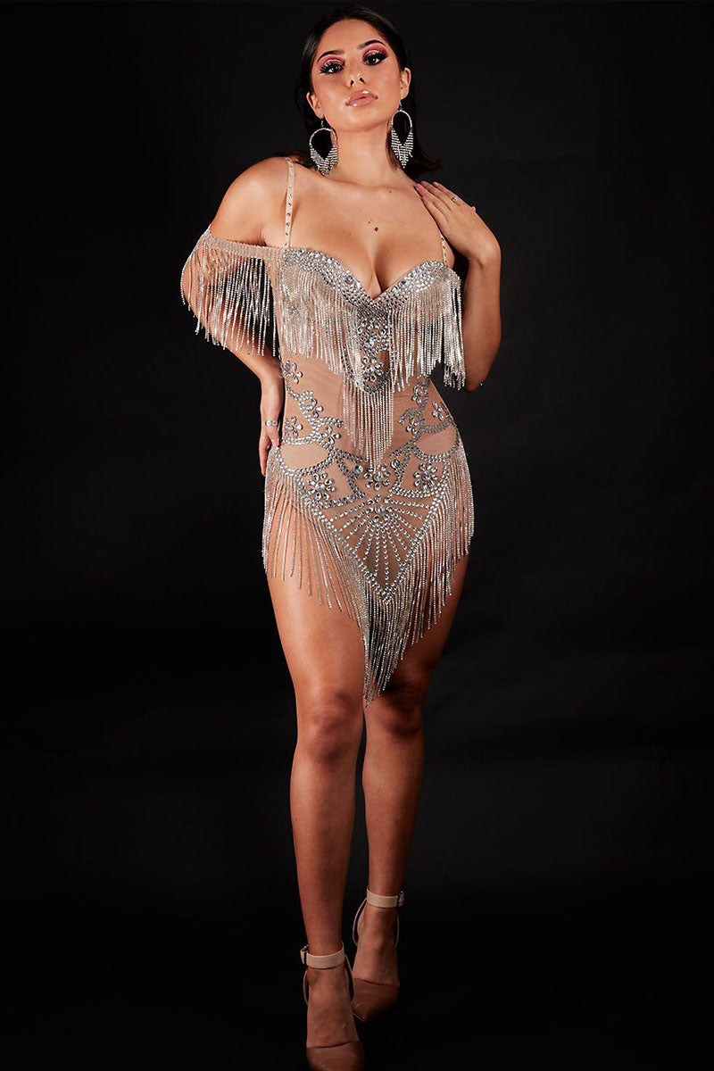 H5573 - V-Neck Spaghetti Straps Beaded Sheer Tulle Sheath Mini Homecoming Dress
