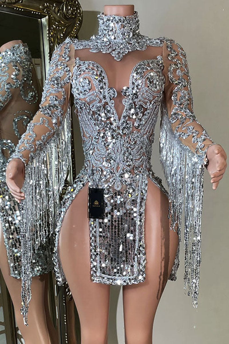 H5574 - High Neck Long Sleeves Beaded Cut Outs Tulle Sheath Mini Homecoming Dress