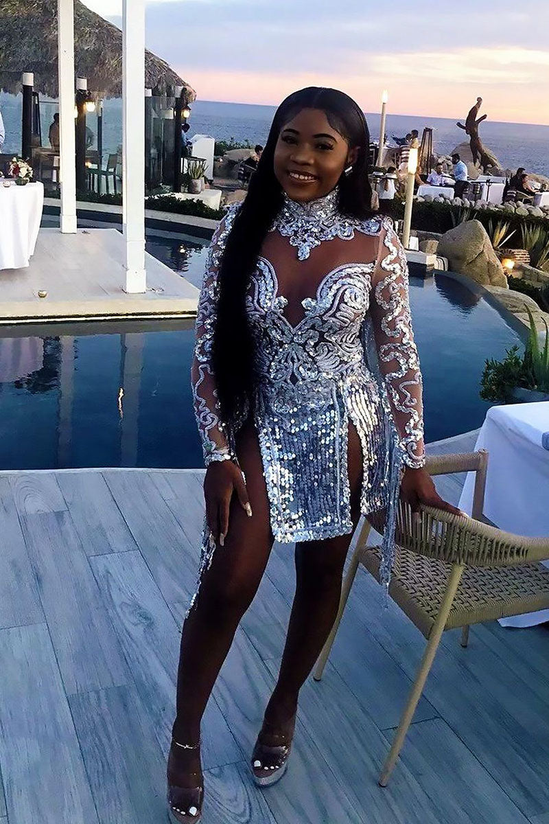 H5574 - High Neck Long Sleeves Beaded Cut Outs Tulle Sheath Mini Homecoming Dress