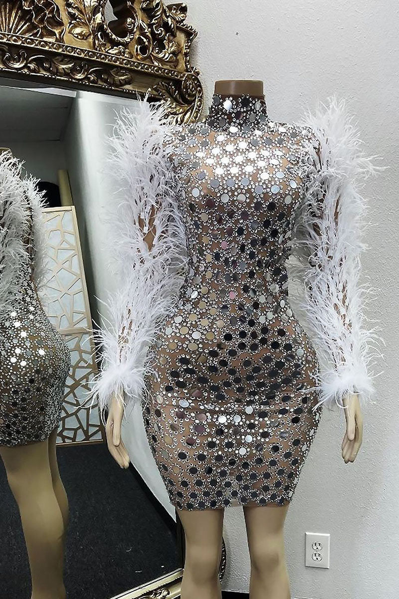 H5575 - High Neck Long Sleeves Beaded Feather Sheath Mini Homecoming Dress