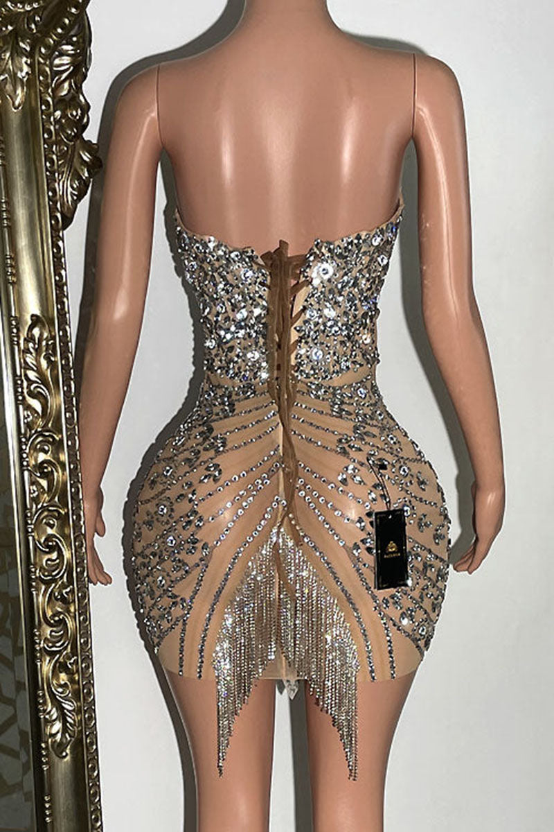 H5576 - Sweetheart Strapless Beaded Sheer Tulle Sheath Mini Homecoming Dress