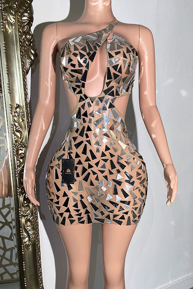 H5579 - One Shoulder Beaded Cut Outs Tulle Sheath Mini Homecoming Dress