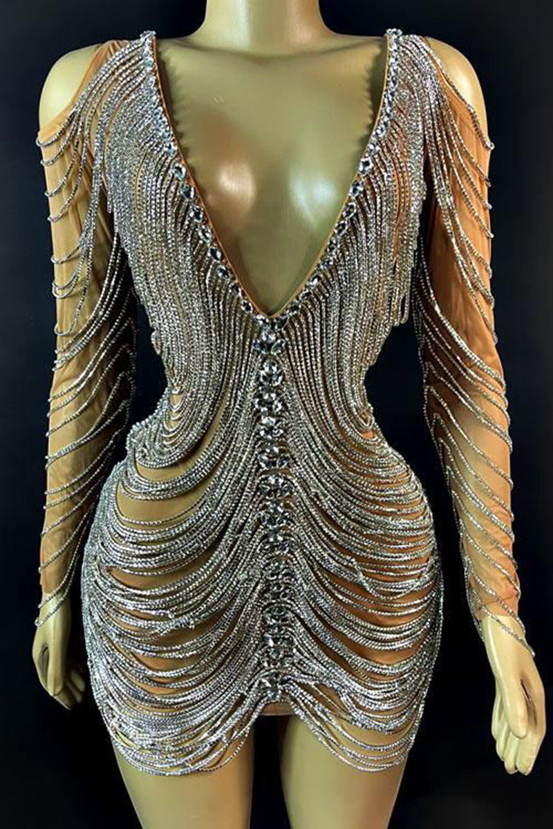 H5580 - Low V-Neck Long Sleeves Beaded Sheer Tulle Sheath Mini Homecoming Dress
