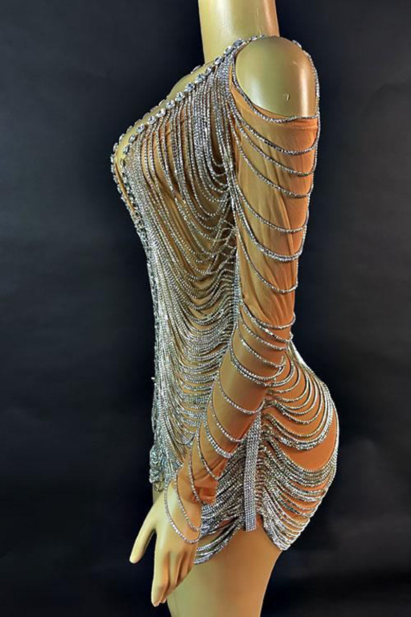H5580 - Low V-Neck Long Sleeves Beaded Sheer Tulle Sheath Mini Homecoming Dress