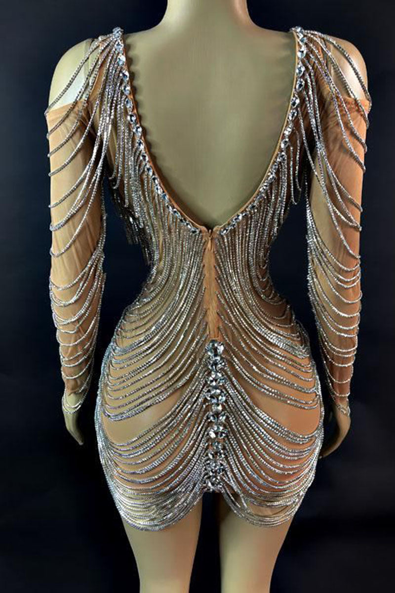 H5580 - Low V-Neck Long Sleeves Beaded Sheer Tulle Sheath Mini Homecoming Dress