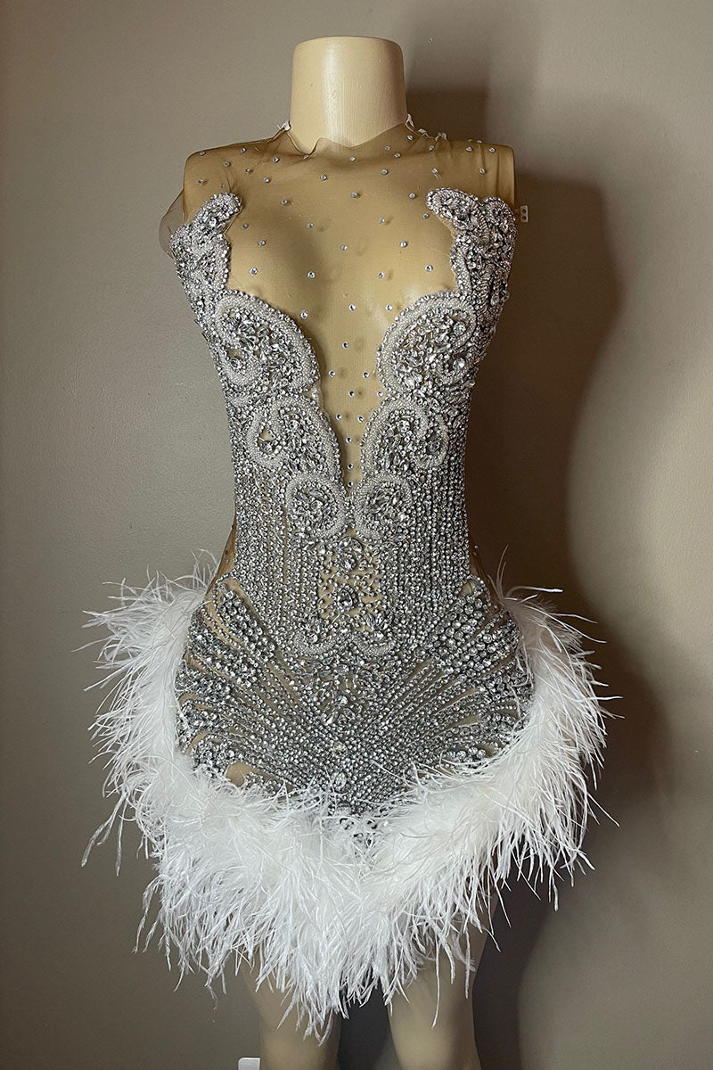 H5591 - High Neck Sleeveless Beaded Sheer Tulle Feather Sheath Mini Homecoming Dress