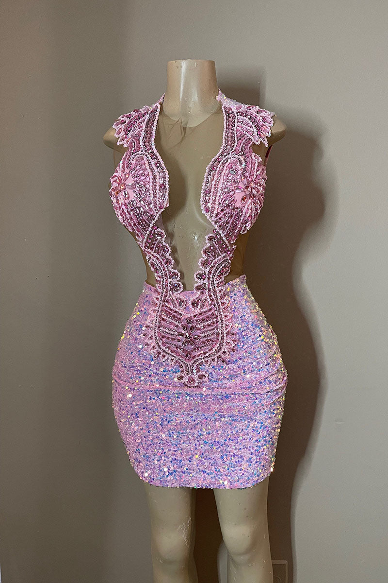 H5592 - Low V-Neck Sleeveless Beaded Sequined Sheath Mini Homecoming Dress
