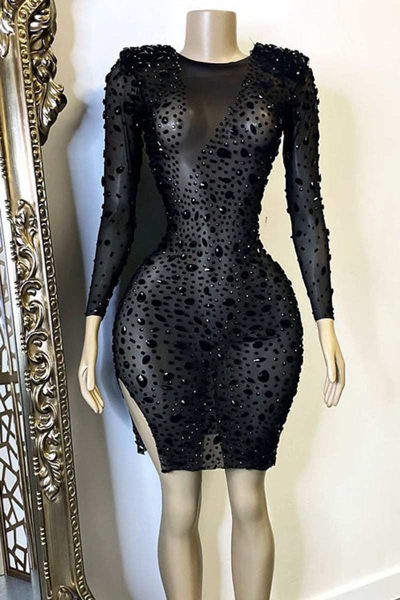 H5596 - Scoop Long Sleeves Beaded Sheer Tulle Sheath Mini Homecoming Dress