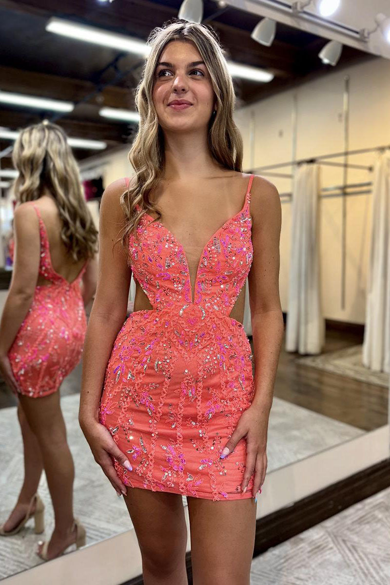 H5597 - Low V-Neck Sleeveless Beaded Appliqued Satin Sheath Mini Homecoming Dress