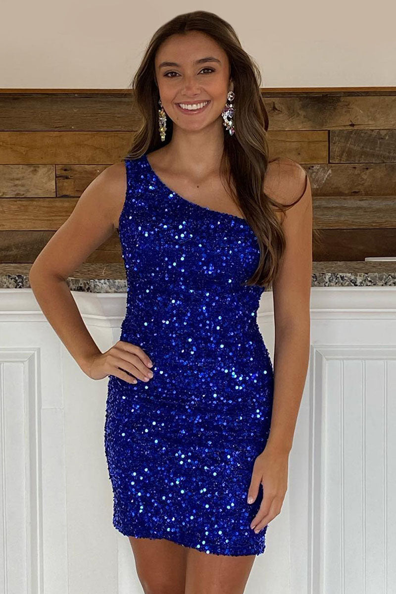 H5607 - One Shoulder Sleeveless Sequined Sheath Mini Homecoming Dress