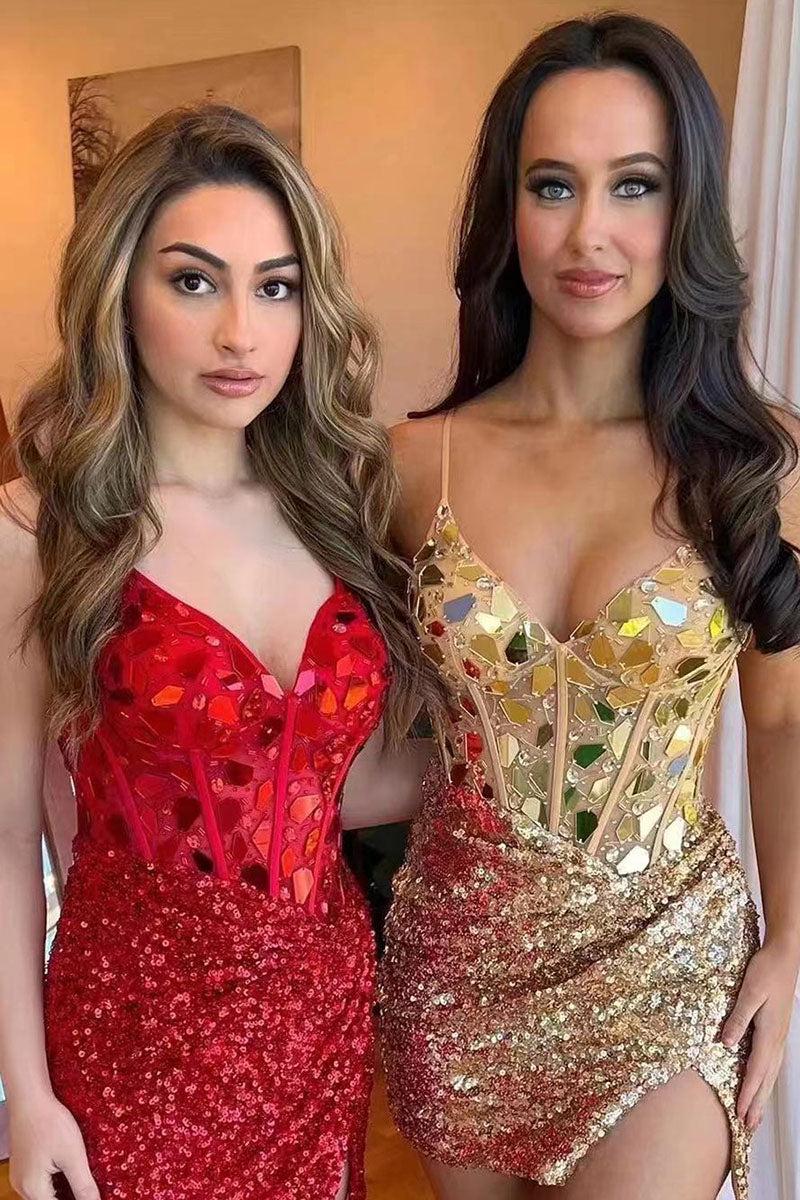H5619 - V-Neck Spaghetti Straps Beaded Sequined Sheath Mini Homecoming Dress