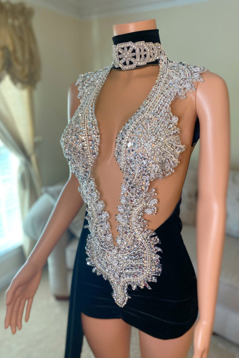 H5624 - High Neck Sequined Beaded Ruched Satin Sheath Mini Homecoming Dress