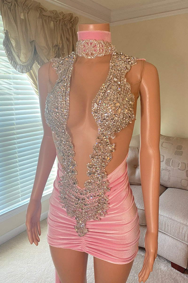 H5626 - High Neck Sequined Beaded Ruched Satin Sheath Mini Homecoming Dress