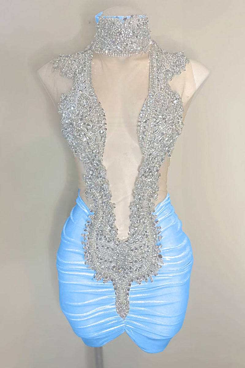 H5627 - High Neck Sequined Beaded Ruched Satin Sheath Mini Homecoming Dress