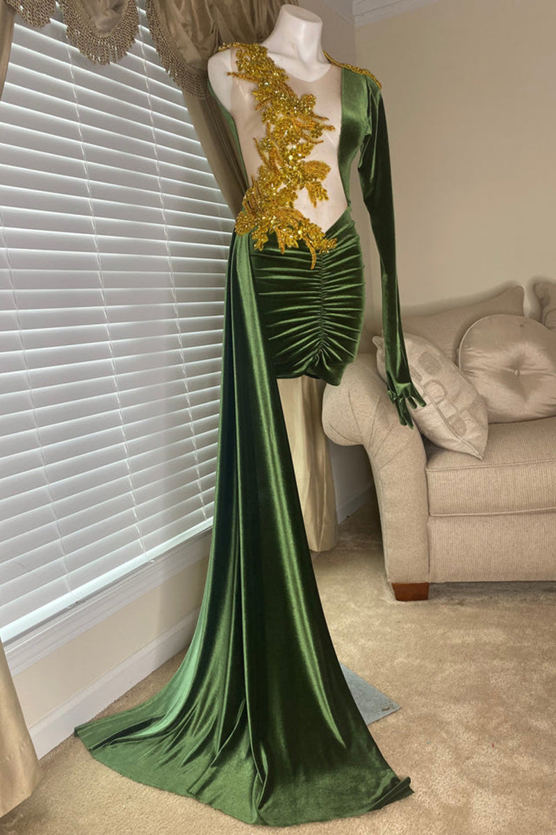 H5628 - One Shoulder Long Sleeves Beaded Velvet Sheath Mini Homecoming Dress
