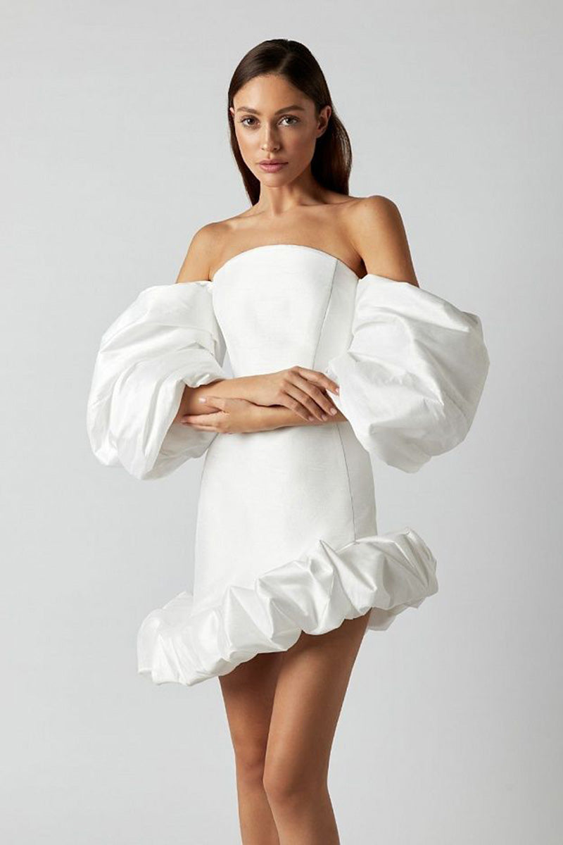 H5633 - Off-Shoulder Strapless Half Sleeves Satin Sheath Mini Homecoming Dress