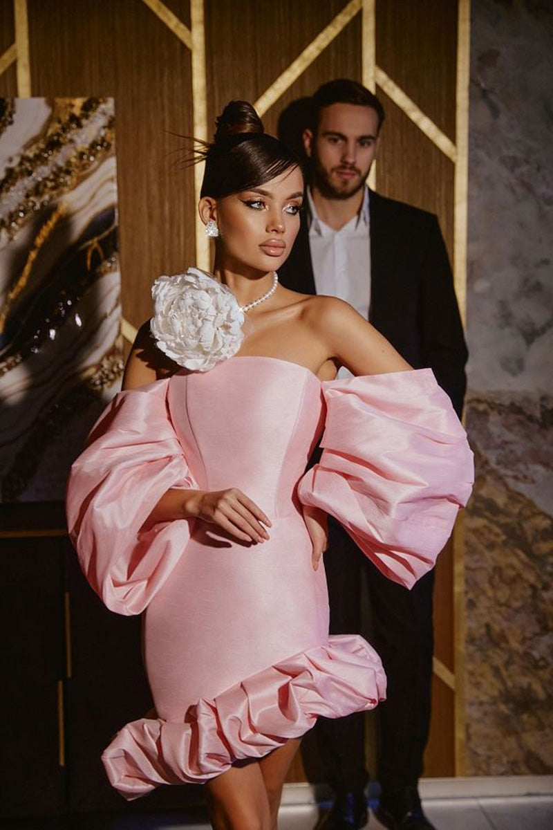 H5634 - Off-Shoulder Strapless Half Sleeves Satin Sheath Mini Homecoming Dress