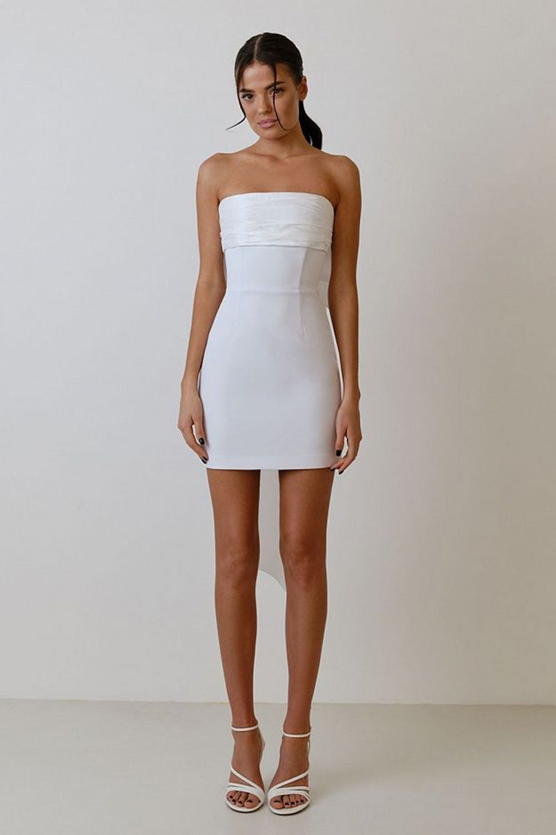 H5636 - Two Piece Strapless Ruched Satin Sheath Mini Homecoming Dress With Bow
