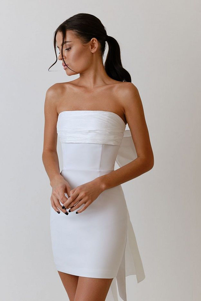 H5636 - Two Piece Strapless Ruched Satin Sheath Mini Homecoming Dress With Bow
