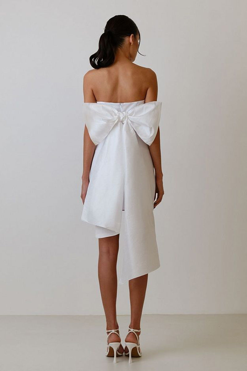 H5636 - Two Piece Strapless Ruched Satin Sheath Mini Homecoming Dress With Bow