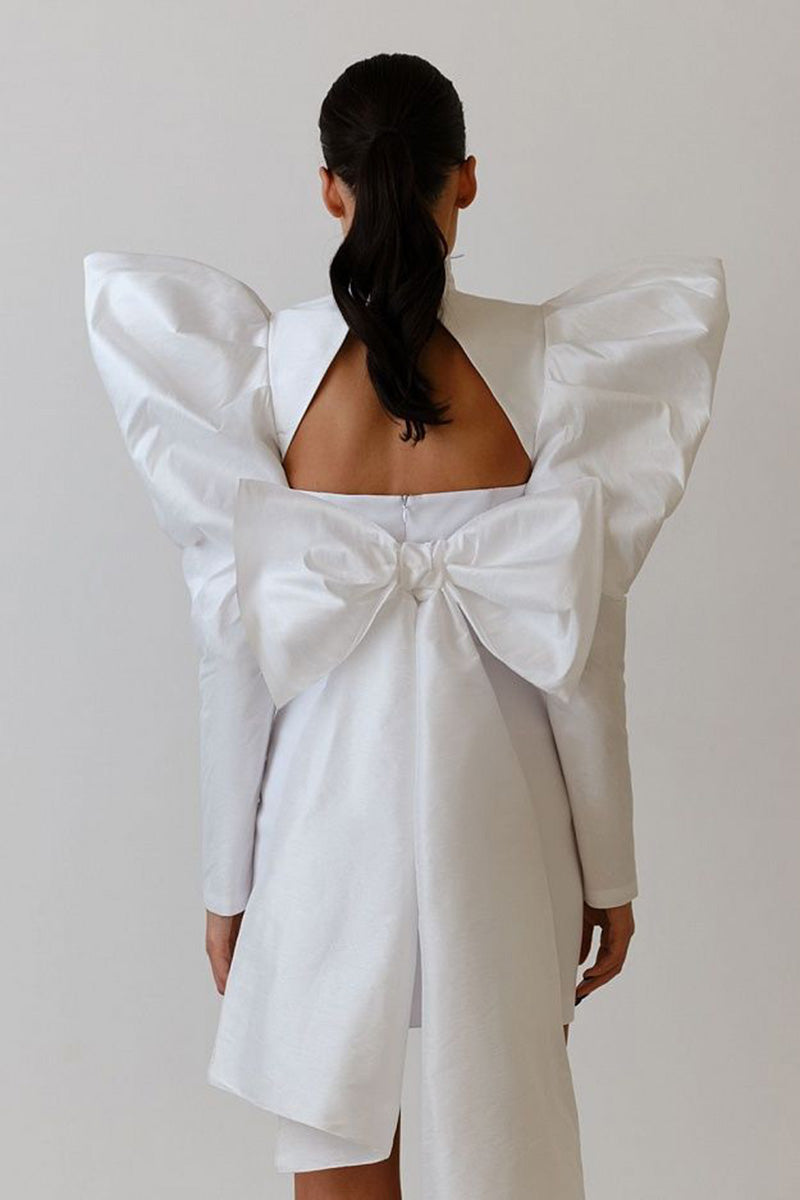 H5636 - Two Piece Strapless Ruched Satin Sheath Mini Homecoming Dress With Bow