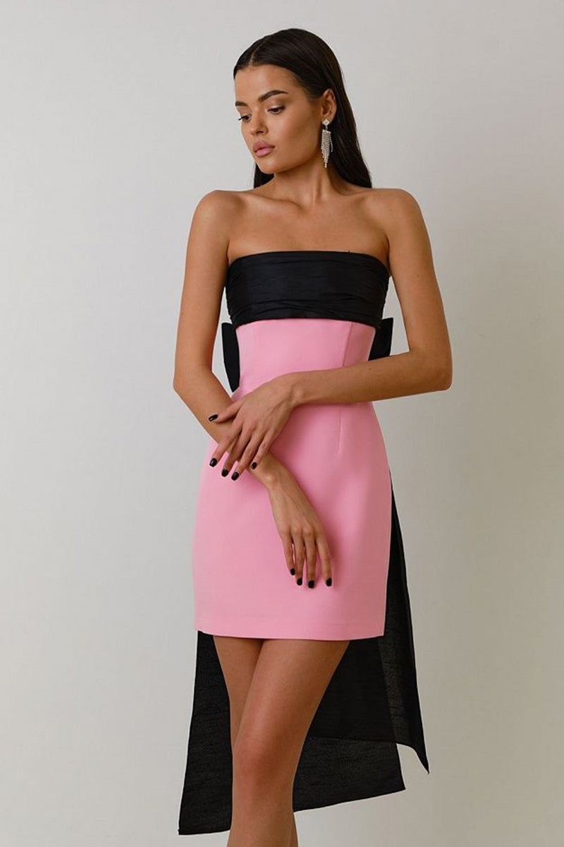 H5637 - Two Piece Strapless Ruched Satin Sheath Mini Homecoming Dress With Bow