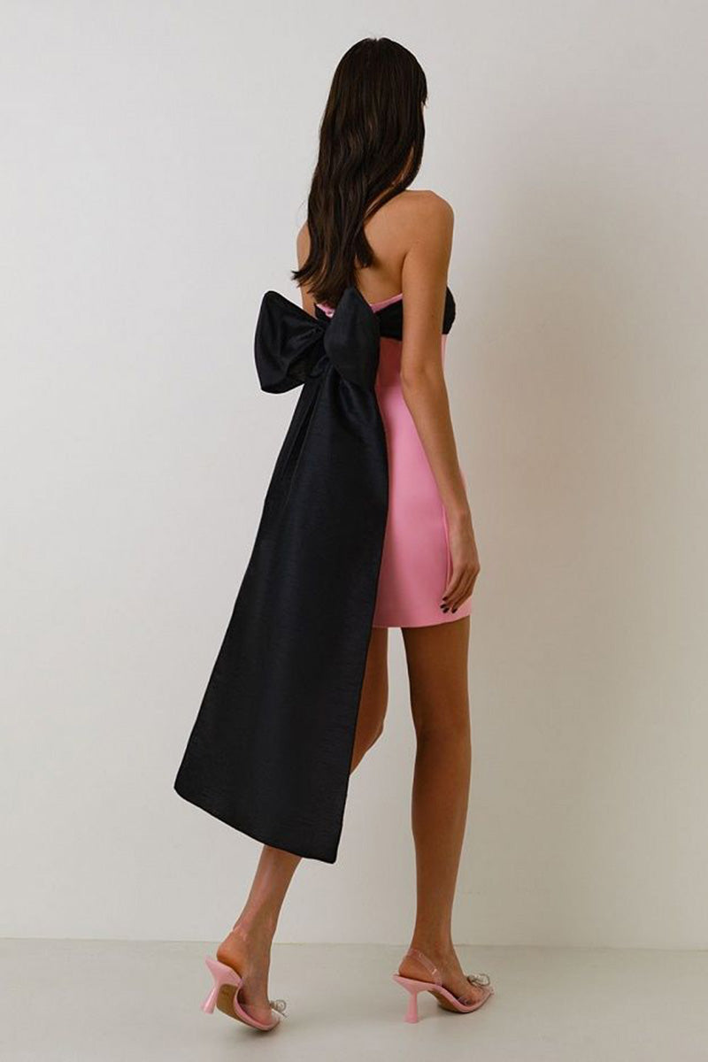 H5637 - Two Piece Strapless Ruched Satin Sheath Mini Homecoming Dress With Bow