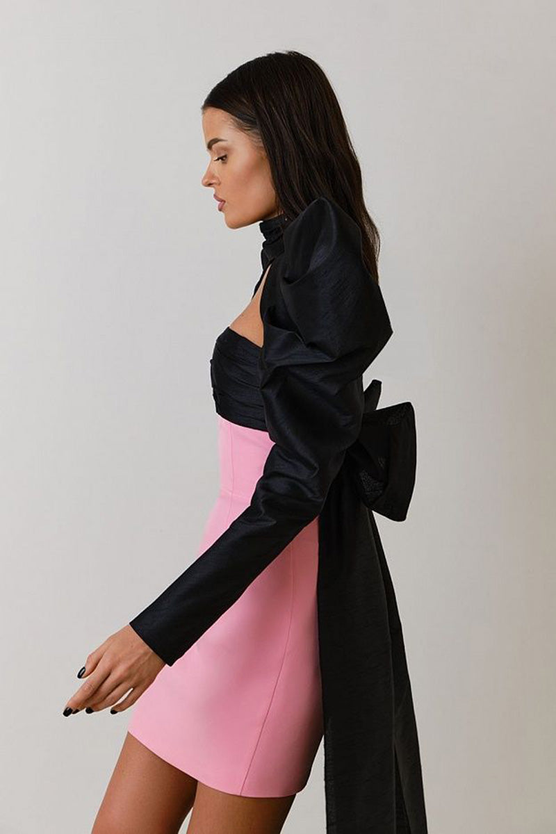 H5637 - Two Piece Strapless Ruched Satin Sheath Mini Homecoming Dress With Bow