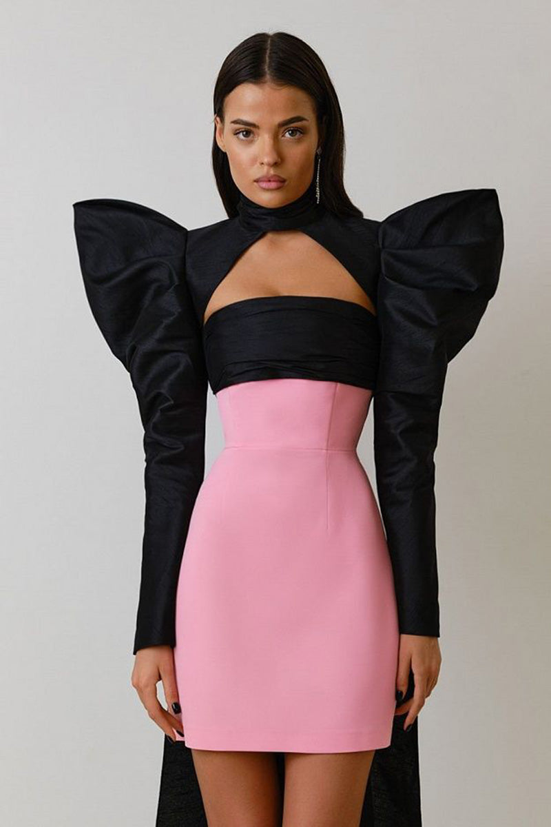 H5637 - Two Piece Strapless Ruched Satin Sheath Mini Homecoming Dress With Bow