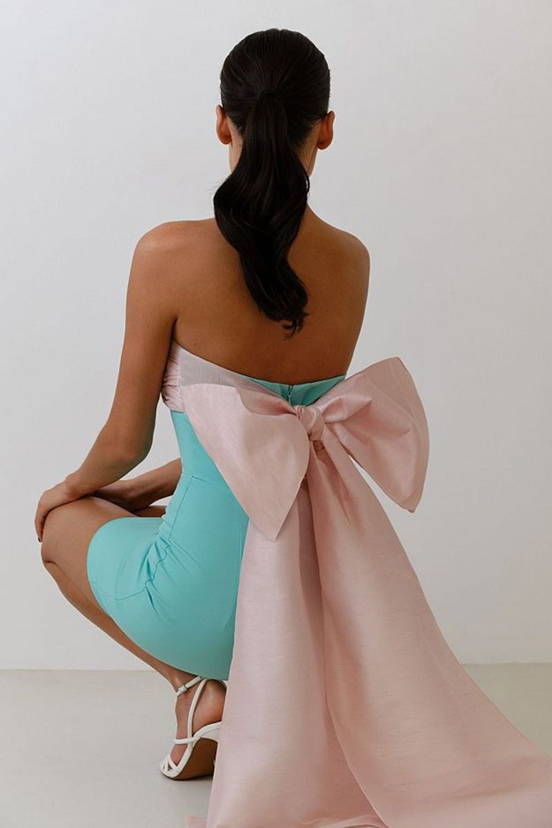 H5640 - Two Piece Strapless Ruched Satin Sheath Mini Homecoming Dress With Bow
