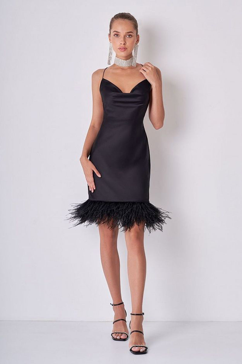 H5641 - V-Neck Spaghetti Straps Satin Feather Sheath Mini Homecoming Party Dress