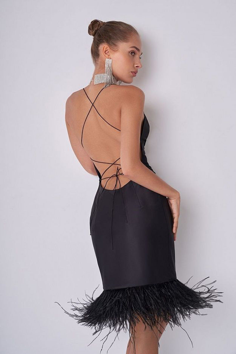 H5641 - V-Neck Spaghetti Straps Satin Feather Sheath Mini Homecoming Party Dress