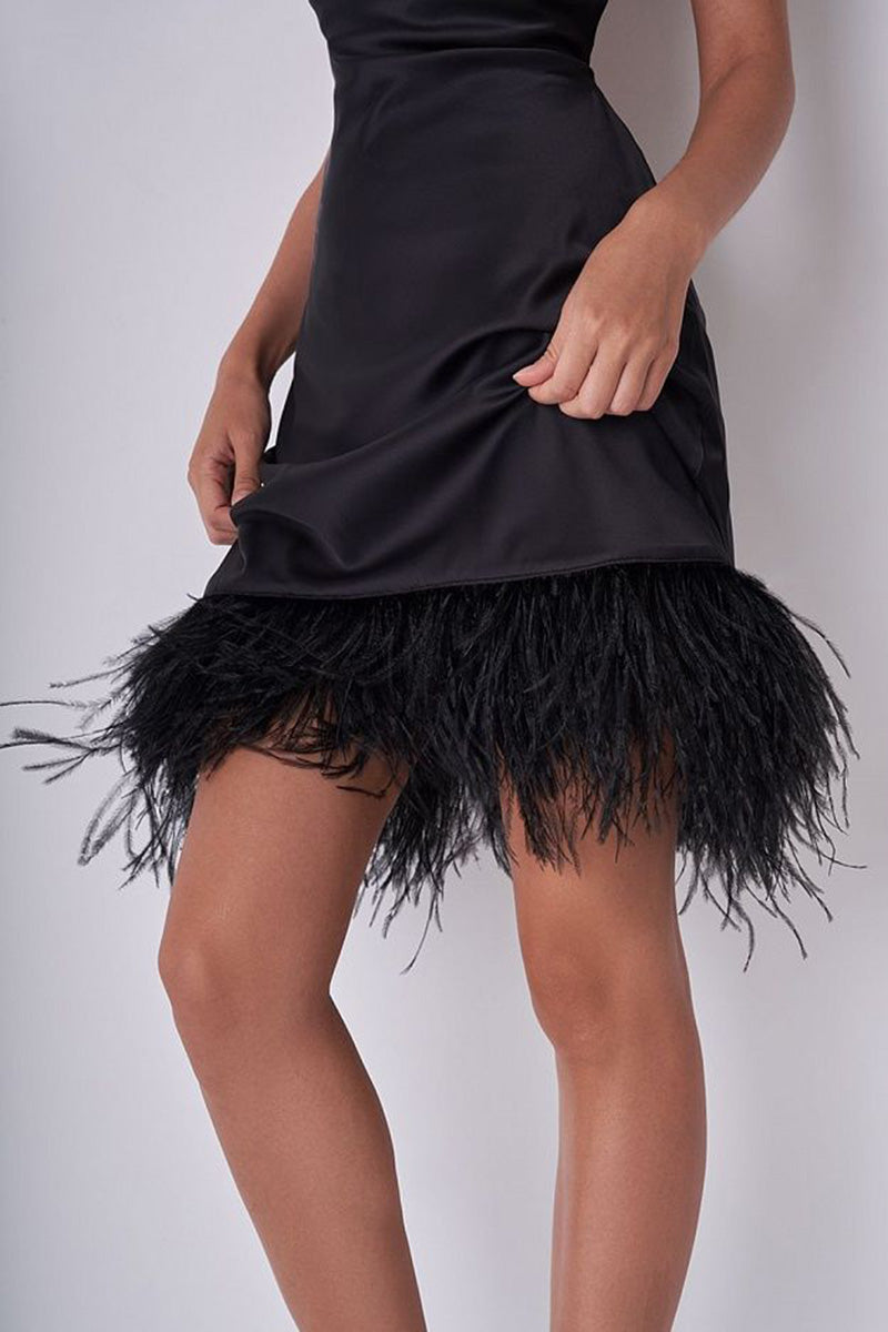 H5641 - V-Neck Spaghetti Straps Satin Feather Sheath Mini Homecoming Party Dress