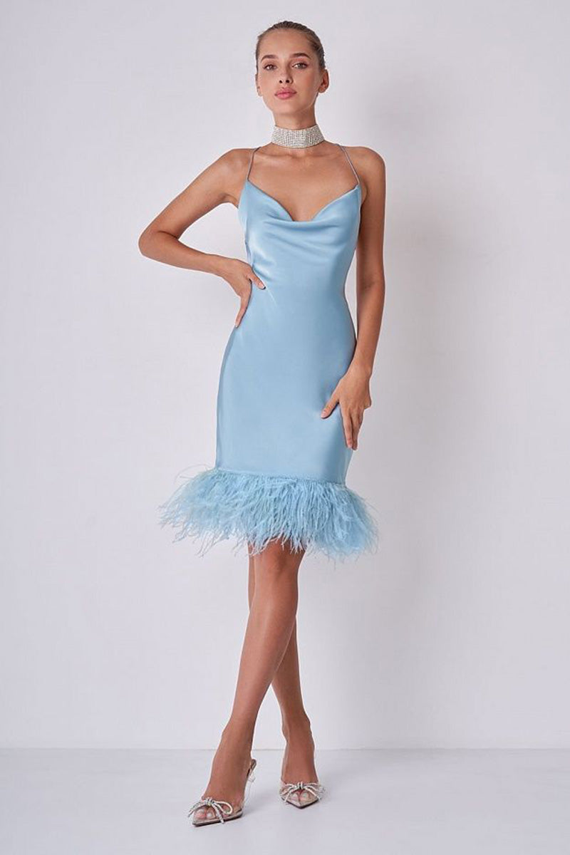 H5642 - V-Neck Spaghetti Straps Satin Feather Sheath Mini Homecoming Party Dress