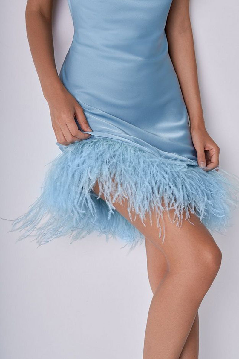 H5642 - V-Neck Spaghetti Straps Satin Feather Sheath Mini Homecoming Party Dress