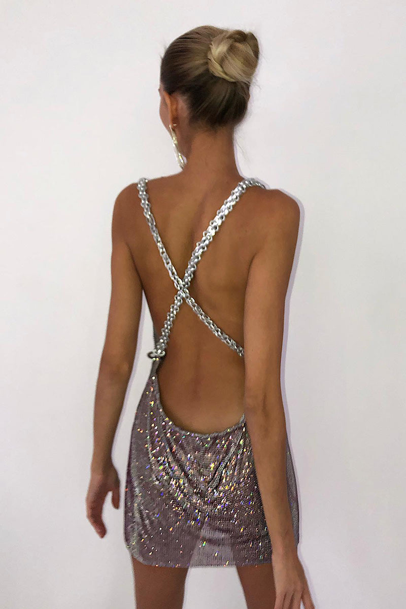H5644 - Low V-Neck Sleeveless Sequined Sheath Mini Homecoming Party Dress