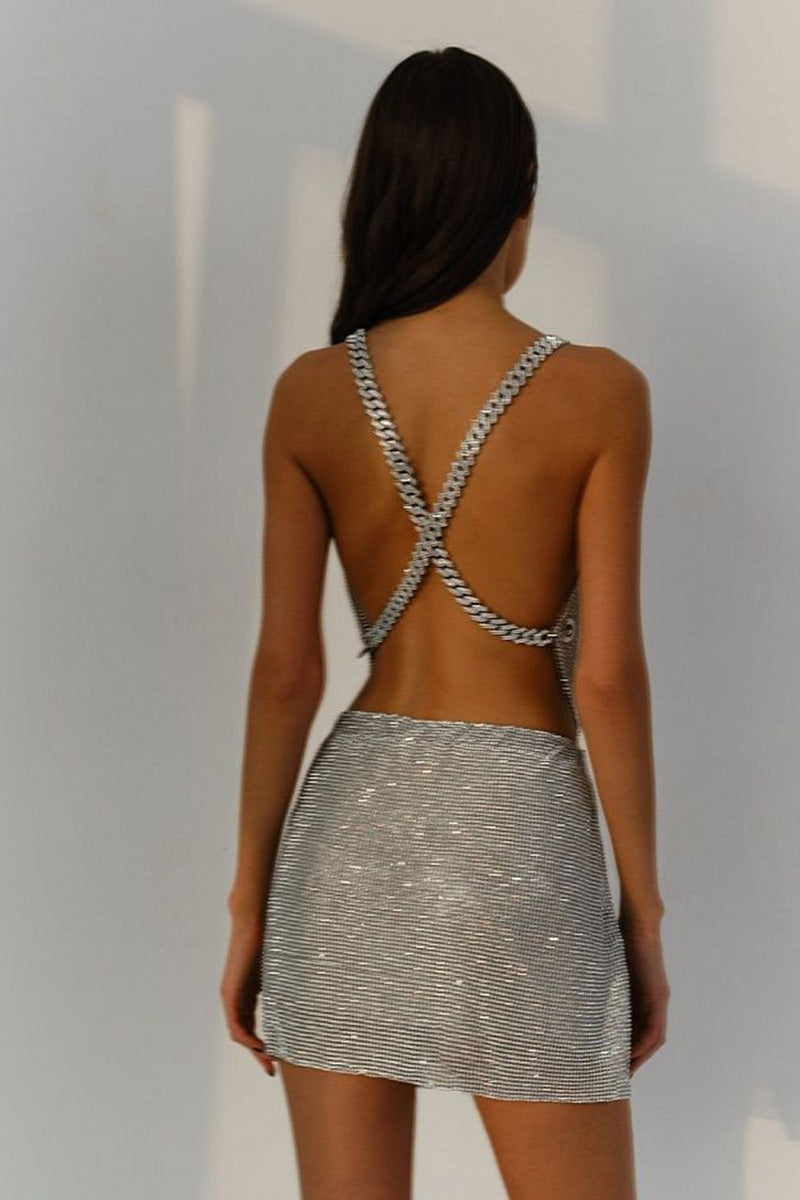H5645 - Two Piece V-Neck Sleeveless Sequined Sheath Mini Homecoming Party Dress