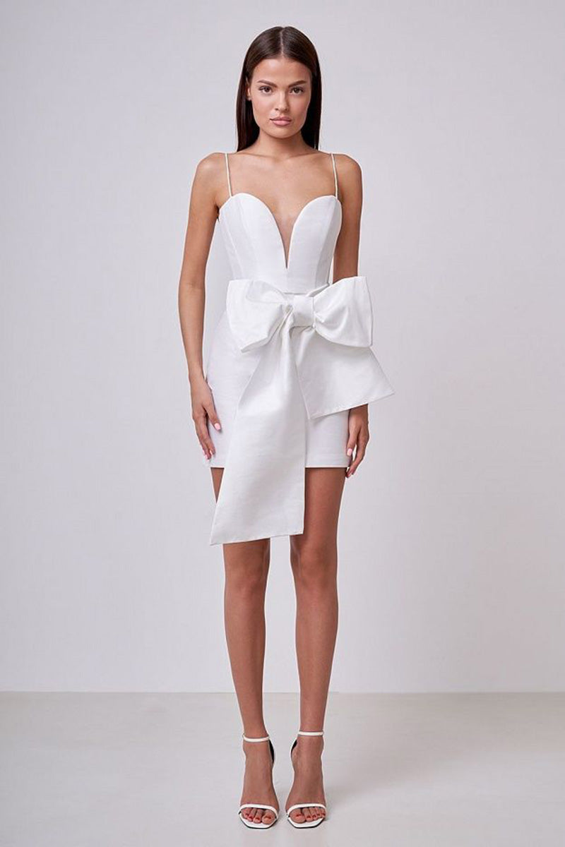 H5646 - Sweetheart Spaghetti Straps Satin Sheath Mini Homecoming Dress With Bow