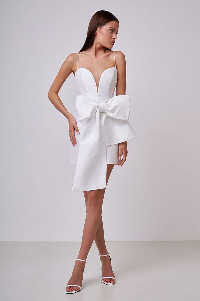 H5646 - Sweetheart Spaghetti Straps Satin Sheath Mini Homecoming Dress With Bow