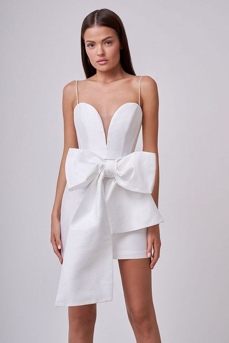 H5646 - Sweetheart Spaghetti Straps Satin Sheath Mini Homecoming Dress With Bow