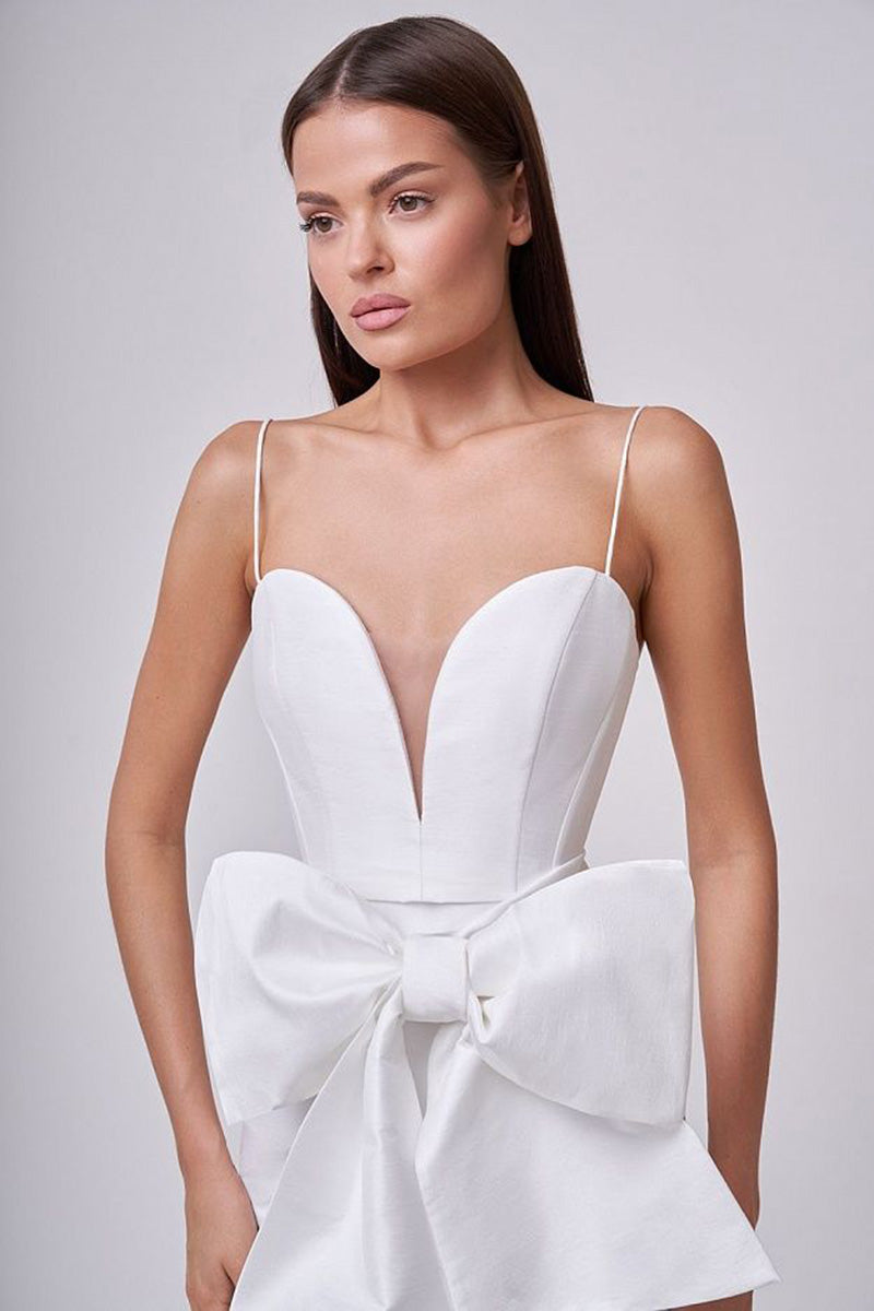 H5646 - Sweetheart Spaghetti Straps Satin Sheath Mini Homecoming Dress With Bow