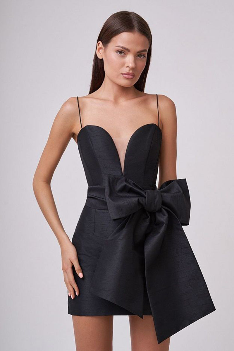 H5647 - Sweetheart Spaghetti Straps Satin Sheath Mini Homecoming Dress With Bow
