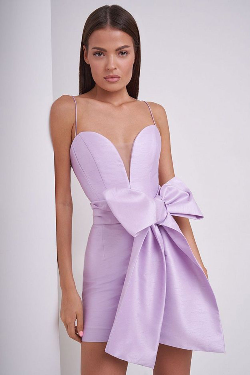 H5648 - Sweetheart Spaghetti Straps Satin Sheath Mini Homecoming Dress With Bow