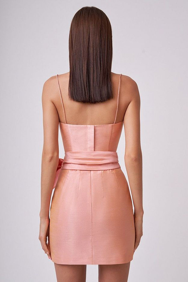 H5649 - Sweetheart Spaghetti Straps Satin Sheath Mini Homecoming Dress With Bow