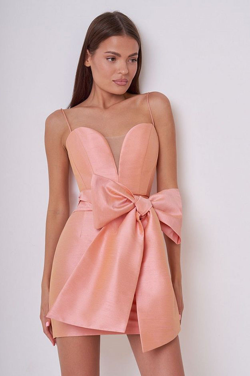 H5649 - Sweetheart Spaghetti Straps Satin Sheath Mini Homecoming Dress With Bow