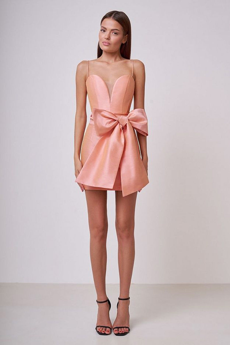 H5649 - Sweetheart Spaghetti Straps Satin Sheath Mini Homecoming Dress With Bow