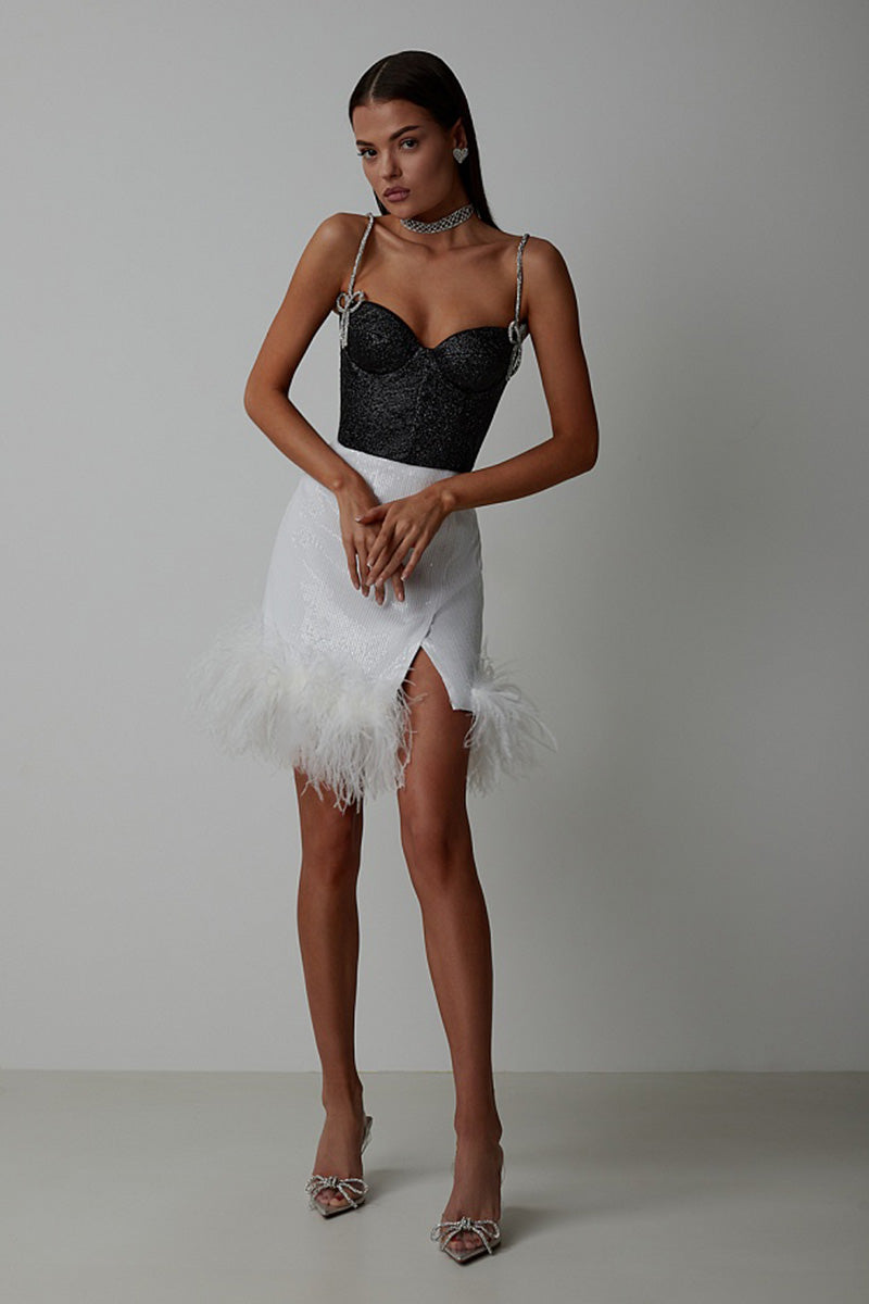 H5650 - Two Piece Sweetheart Beaded Sequined Feather Sheath Mini Homecoming Dress