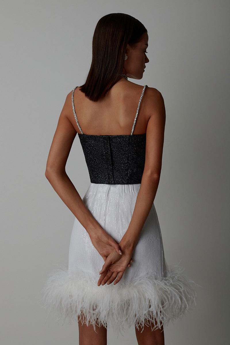 H5650 - Two Piece Sweetheart Beaded Sequined Feather Sheath Mini Homecoming Dress