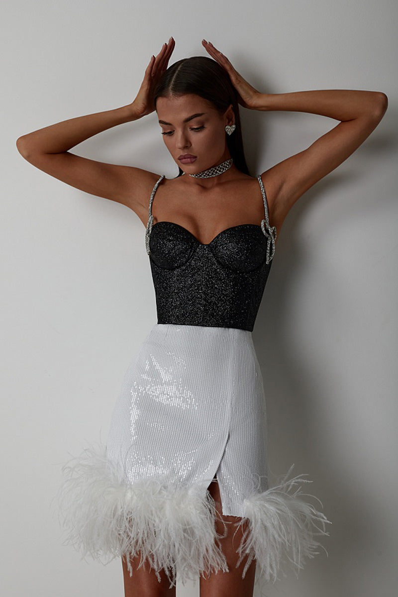 H5650 - Two Piece Sweetheart Beaded Sequined Feather Sheath Mini Homecoming Dress